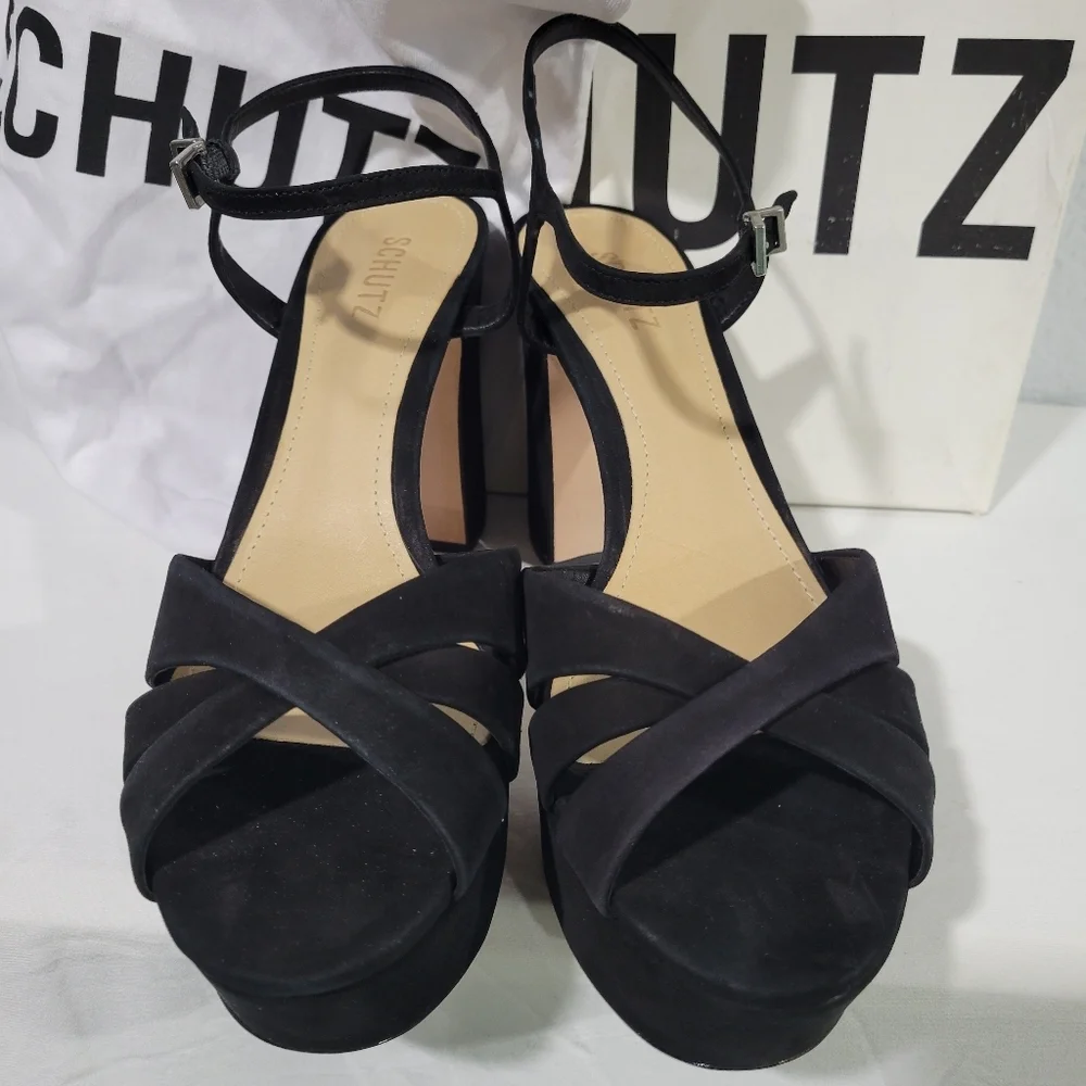 Schutz Keefa Platform Sandal Heels Black Sz 10.5